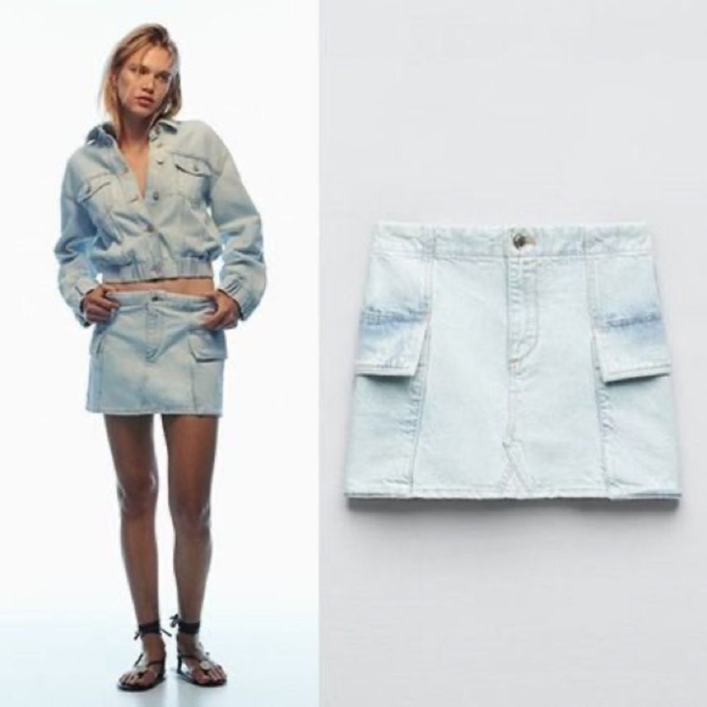 NWT ZARA SIZE M Denim Cargo Mini Skirt LIGHT BLUE JEAN JEANS‎ WITH POCKETS